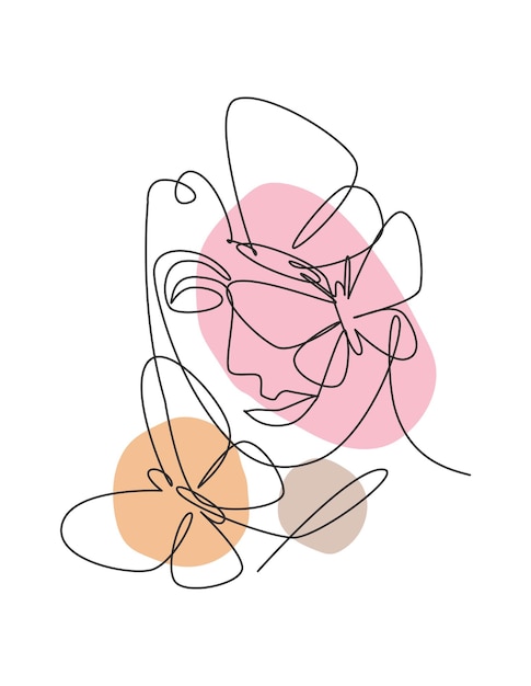 Vector one continuous line drawing sexy woman abstract face with butterfly wings portrait minimalist vector