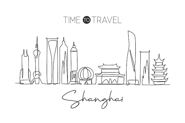 One continuous line drawing Shanghai skyline China Landmark world landscape graphic design vector