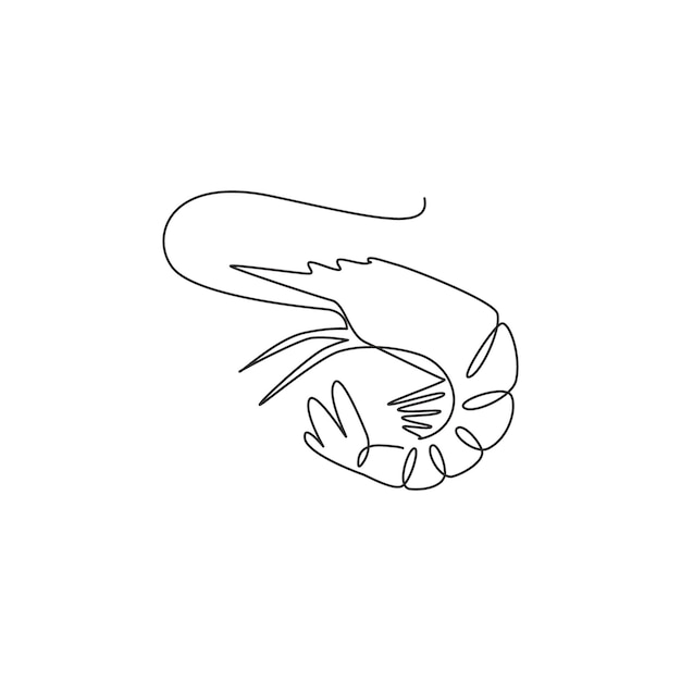 One continuous line drawing of shrimp for seafood logo Prawn mascot for Chinese restaurant icon