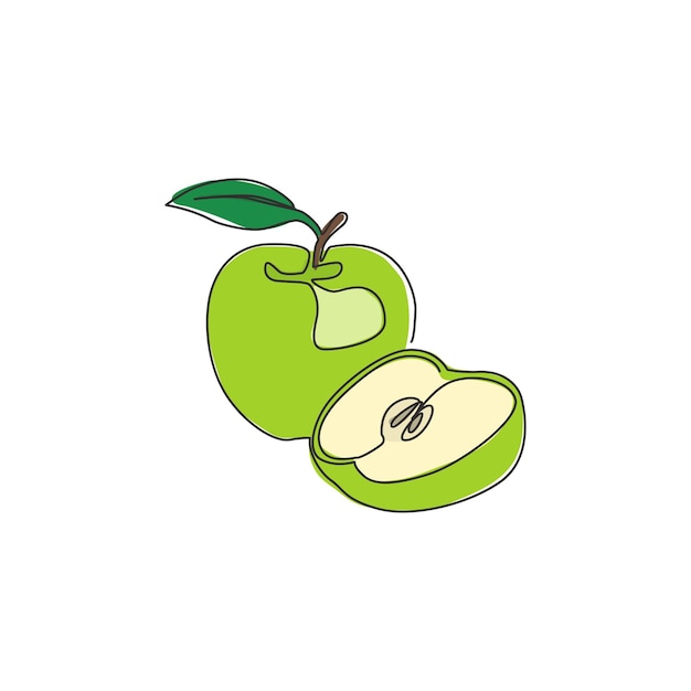 Un disegno a linea continua con logo di frutteto biologico di mele intere a fette icona di frutta tropicale fresca