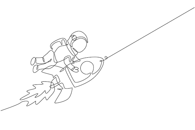 One continuous line drawing spaceman astronaut science discovering cosmos while holding the rocket