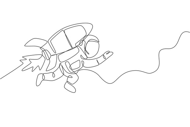 One continuous line drawing spaceman astronaut science discovering cosmos with rocket jetpack vector