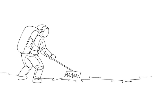 One continuous line drawing of spaceman leveling and flattening land using metal rake in moon vector