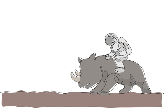 Vector one continuous line drawing of spaceman take a walk riding a rhinoceros wild animal in moon vector