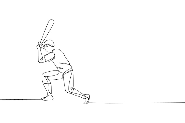 Одна непрерывная линия рисует спортсмена-бейсболиста, тренирующегося отбивать мяч на корте. Вектор дизайна