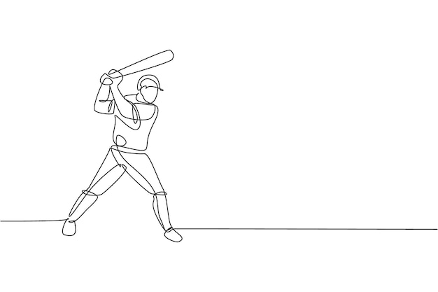 スポーティな男性野球選手がボールを打つ練習をする 1 つの連続線画デザイン ベクトル