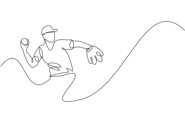 One continuous line drawing of sporty man baseball player practice to throw the ball Design vector