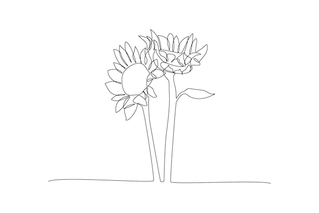 One continuous line drawing of Sunflower and floral frame concept Doodle vector illustration in simple linear style