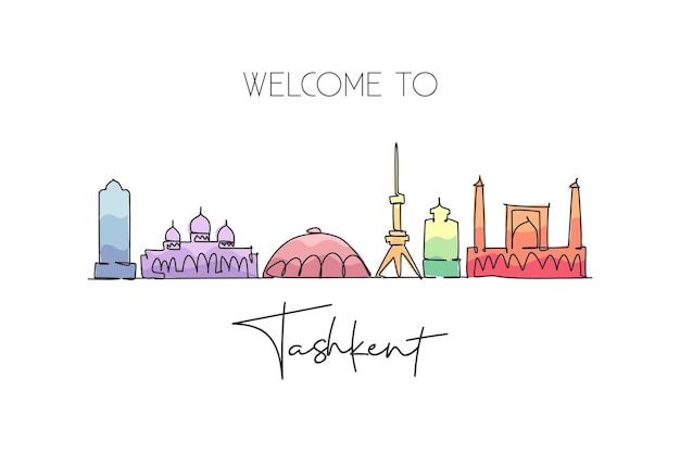 Vector one continuous line drawing tashkent city skyline uzbekistan beautiful landmark wall decor poster