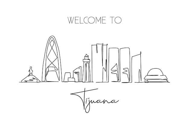 Vector one continuous line drawing tijuana city skyline mexico beautiful landmark art vector illustration