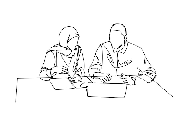 One continuous line drawing of two people in private meeting Business training concept Trendy single line draw