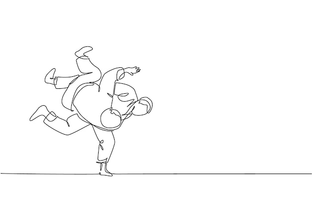 Одна непрерывная линия рисует двух молодых мужчин, тренирующих технику дзюдо в спортивном зале, битва по джиу-джитсу.