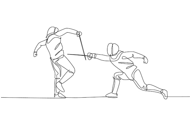 One continuous line drawing of two young men fencing athletes practice holding sword action vector