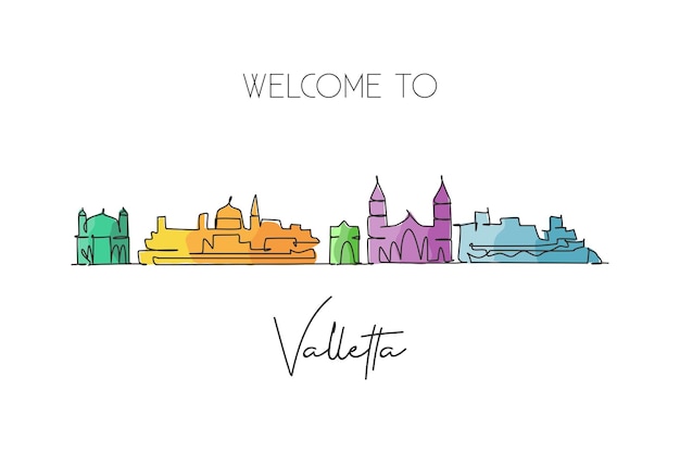 Vector one continuous line drawing of valletta city skyline malta beautiful landmark art travel vacation