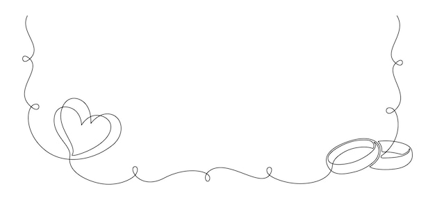 結婚指輪と心のロマンチックな招待状のデザインとシンボルの婚約とシンプルな直線的なスタイルでの愛の結婚の 1 つの連続線画編集可能なストローク落書きベクトル図