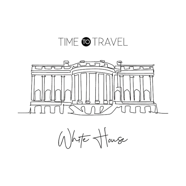 One continuous line drawing White House landmark wall art. World iconic place in Washington DC, USA.