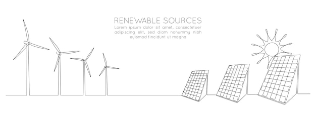 One continuous line drawing of wind turbine and solar panel with sun clean energy in simple linear style renewable and sustainable resources web banner editable stroke doodle vector illustration