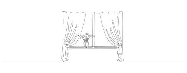 カーテンと鉢植えの窓の1つの連続線画 シンプルな線形スタイルのドレープ布を使用したリビングルームのインテリアのコンセプト 編集可能なストローク 落書き輪郭ベクトル図