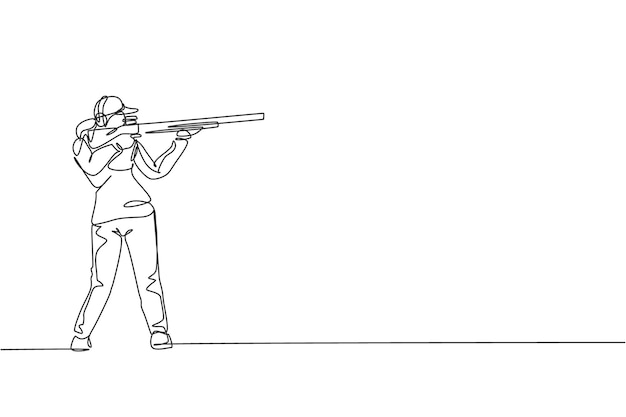 One continuous line drawing of woman on shooting ground practice for competition with rifle shotgun