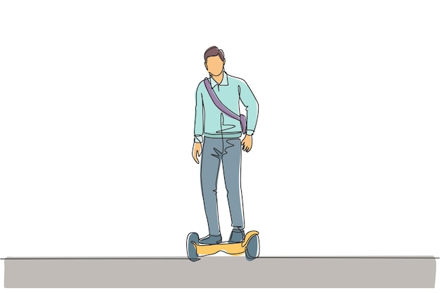 One continuous line drawing of worker man ride hoverboard to office Green transportation vector art