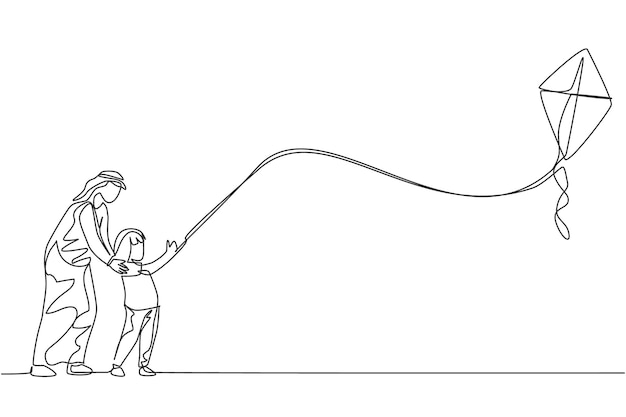 One continuous line drawing of young arabian dan nad daughter flying kite together at outdoor field