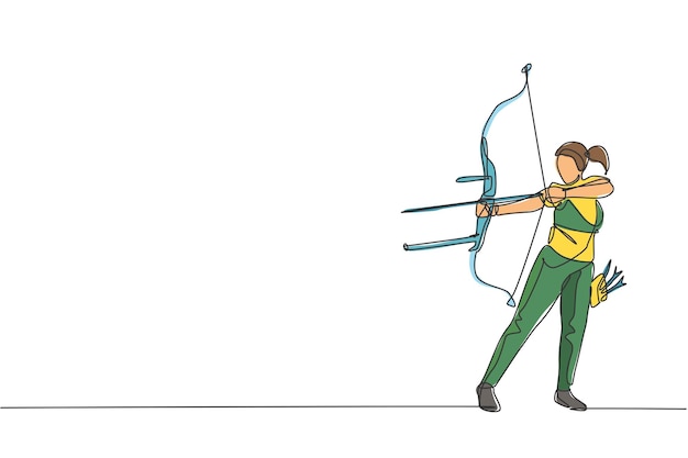 One continuous line drawing of a young archer woman pulling the bow to shooting an archery target