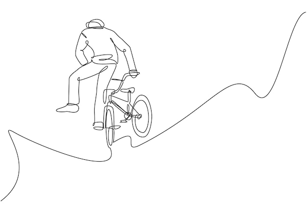 One continuous line drawing young BMX bicycle rider jumping into the air trick vector illustration