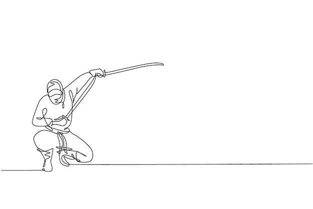 Одна непрерывная линия рисунка молодого храброго японского персонажа ниндзя на графическом векторе черного костюма
