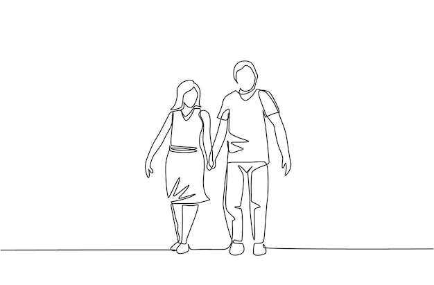 ベクトル 公園で一緒に歩いて手を繋いでいる若い夫婦の妻と夫を描いた 1 つの連続線