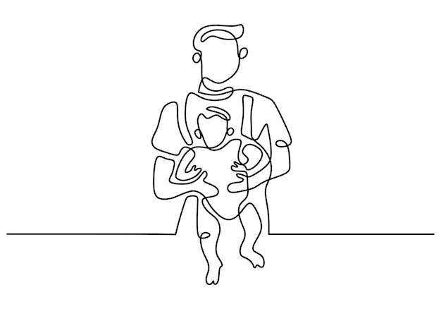 One continuous line drawing of young dad carrying his child Happy father's day concept isolated on white background Happy family parenting single line hand drawn art doodle minimal illustration