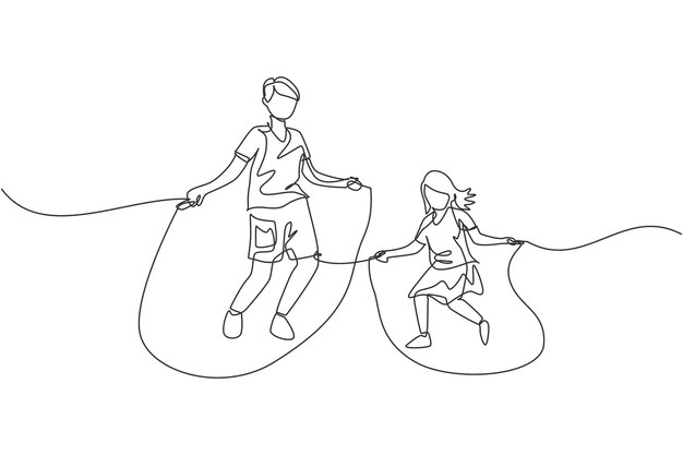 Vector one continuous line drawing young dad and his daughter practice jumping with skipping rope at park