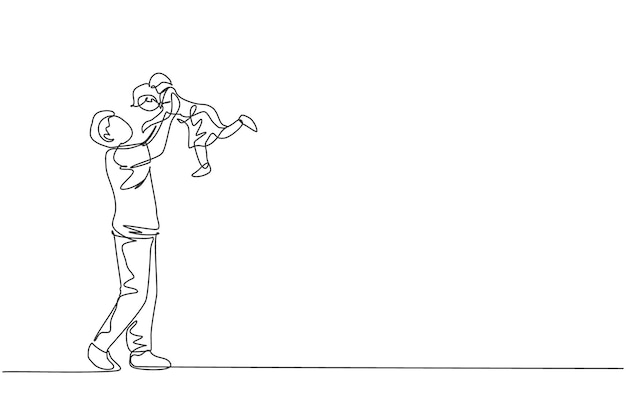 One continuous line drawing of young father raising his daughter up in the air family play together