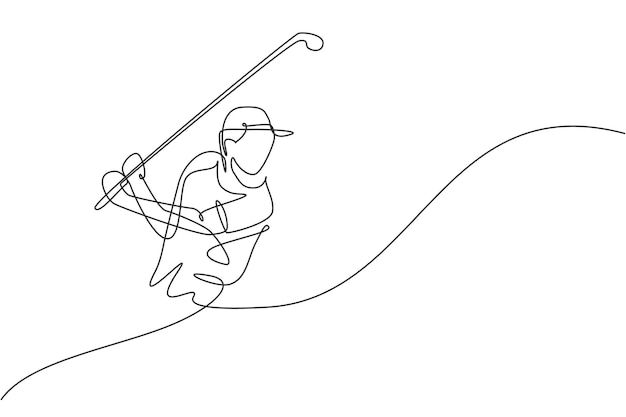 One continuous line drawing of young golf player swing golf club and hit the ball Golf tournament