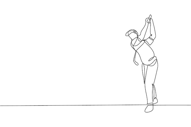 One continuous line drawing of a young golf player swing golf club and hit the ball Leisure sport