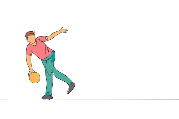 Vector one continuous line drawing young happy bowling player man throw ball into lane lifestyle activity