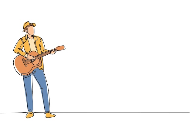 Vector one continuous line drawing of young happy male guitarist wearing hat and playing acoustic guitar