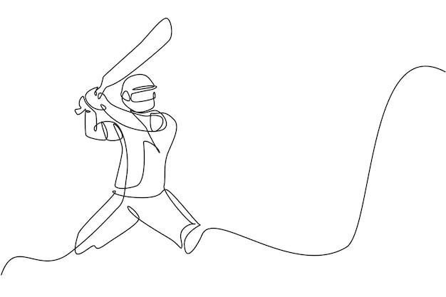 One continuous line drawing of young happy man cricket player standing stance to hit the ball vector