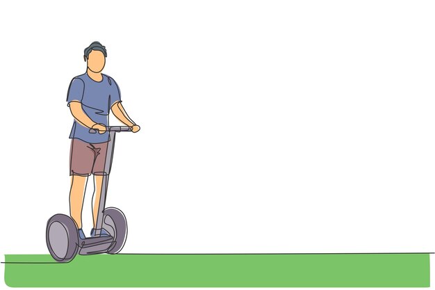 Vettore un disegno a linea continua di un giovane uomo felice che guida uno scooter elettrico stile di vita urbano futuro