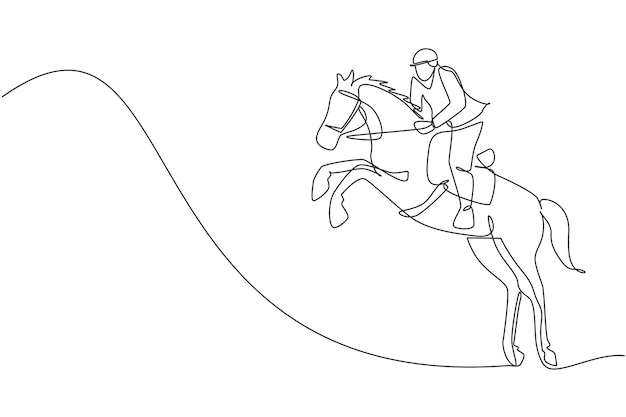 One continuous line drawing young horse rider man in jumping action Equine training at racing track