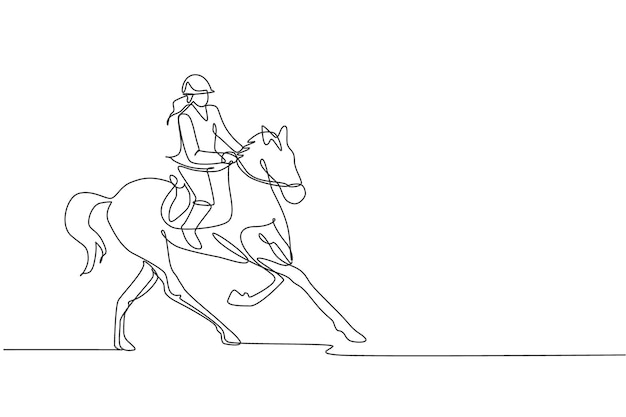 One continuous line drawing a young horse rider woman in action Equine run training at racing track