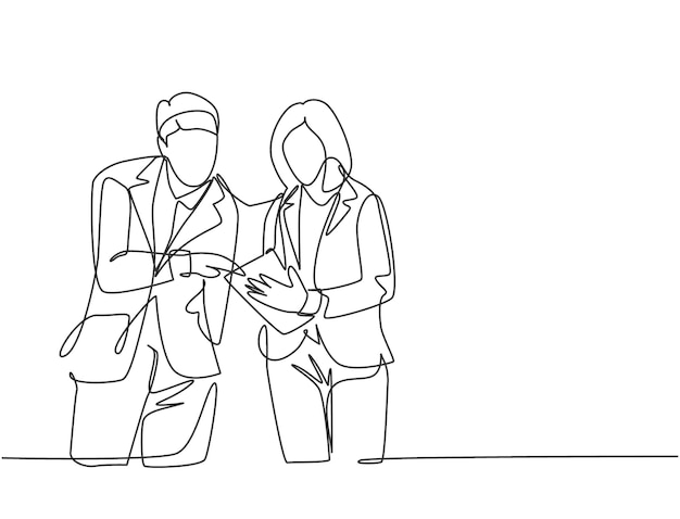 One continuous line drawing of young male and female marketing manager discussing sales progress