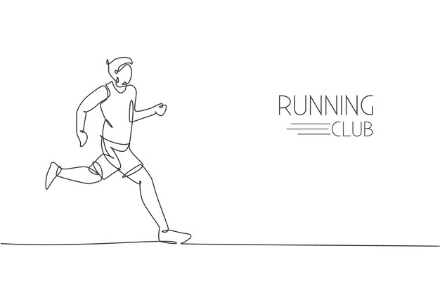 Un disegno a linea continua di un giovane atleta corridore che corre rilassandosi vettore di design competitivo sportivo