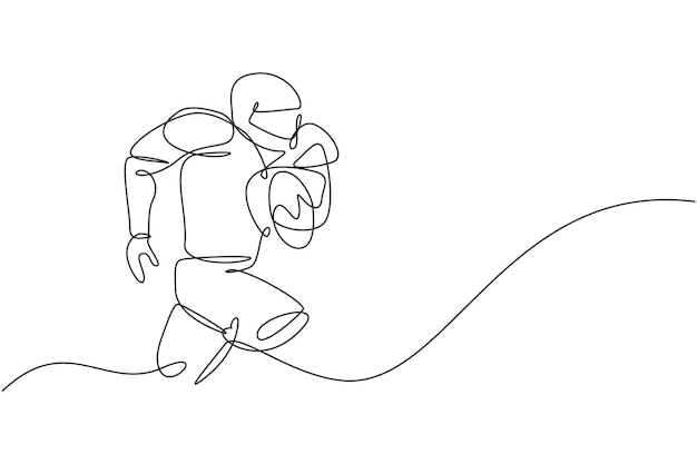 One continuous line drawing of young muscular man american football player running and hold the ball