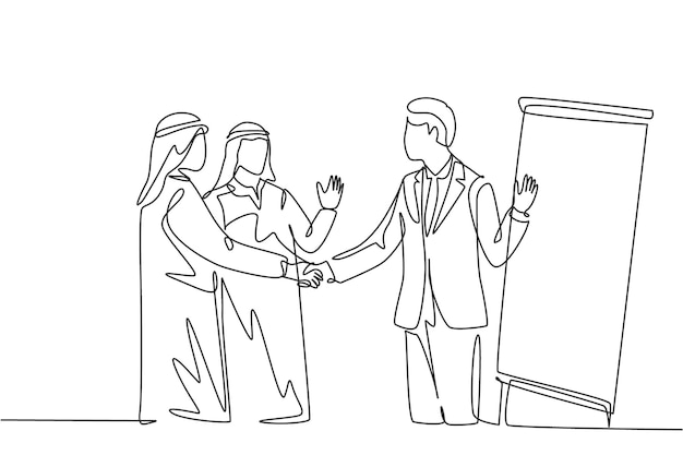 One continuous line drawing of young muslim business man handshake his partner after meeting