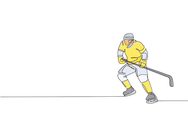 One continuous line drawing of young professional ice hockey player practicing on ice rink stadium