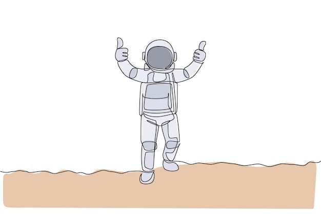 月面で親指を立てるジェスチャーをする宇宙服を着た若い宇宙飛行士を描く 1 本の連続線