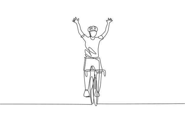 One continuous line drawing young sporty man bicycle racer cross finish line and raise up his hands