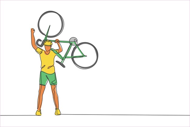 Un disegno a linea continua di un giovane ciclista sportivo che solleva la sua bicicletta per festeggiare la vittoria