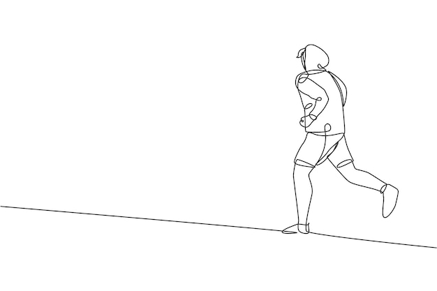 One continuous line drawing of young sporty runner man relax running at countryside Design vector