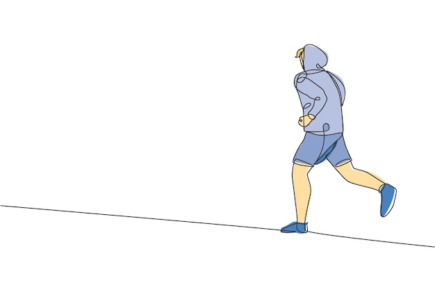 One continuous line drawing of young sporty runner man relax running at countryside Design vector